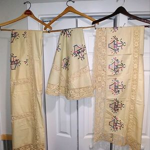 Vintage 1800s matching embroidered linen. mantle cover, oval and rectangle